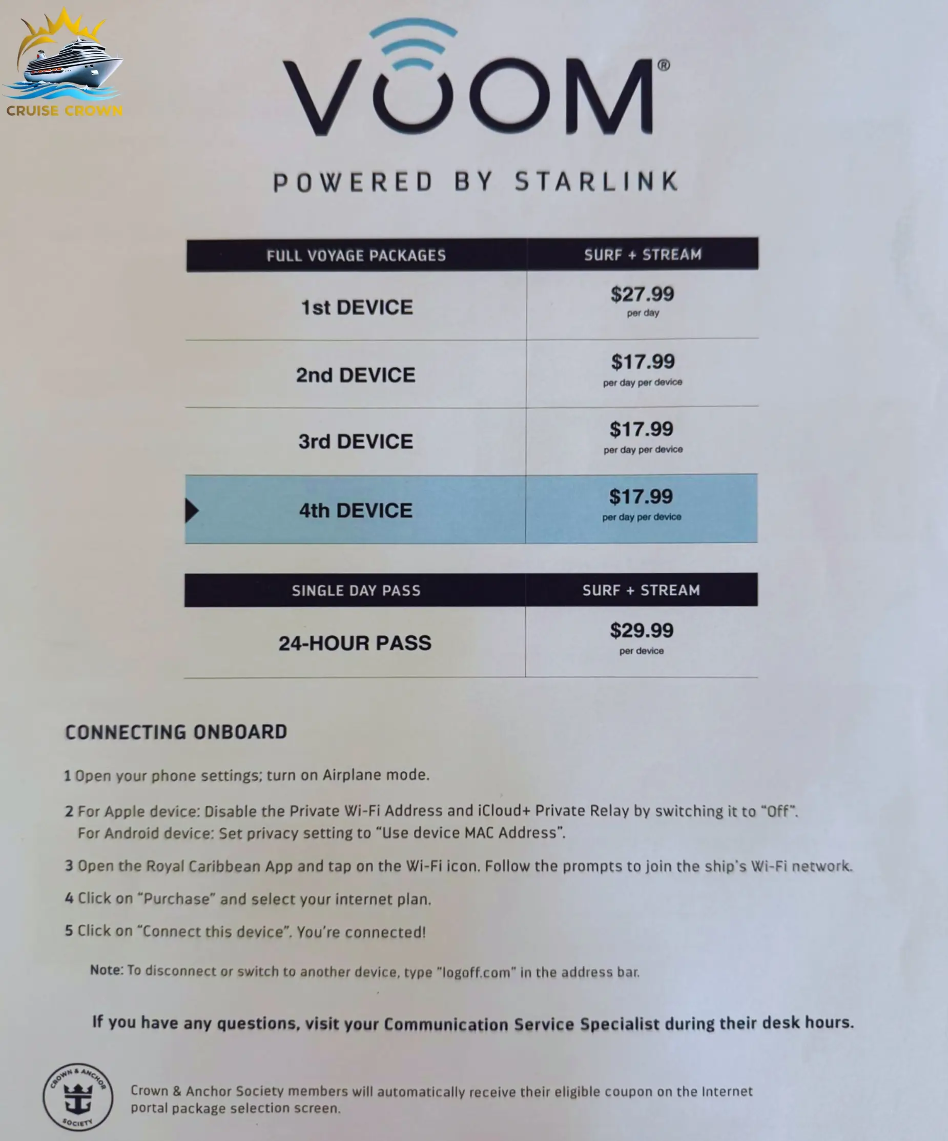 Royal Caribbean Internet Packages Cost
Royal Caribbean Internet Packages Price
Royal Caribbean VOOM Surf + Stream Package
How Much Does Royal Caribbean WiFi Cost
How Much is WiFi on Royal Caribbean Cruise Ship