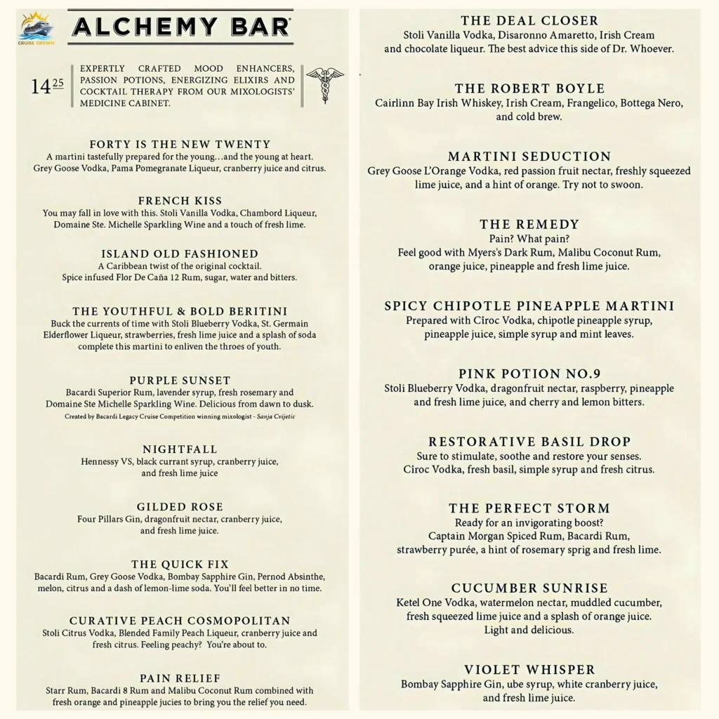 Carnival Alchemy Bar Menu