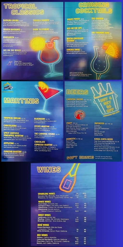Carnival Atrium Bar Menu
