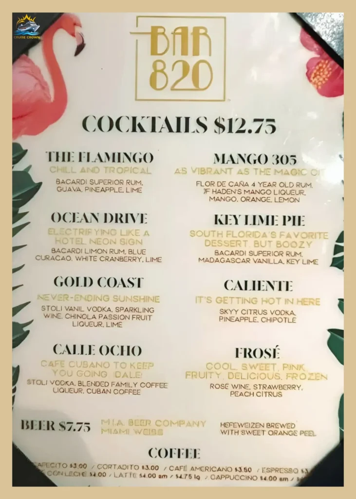 Carnival Bar 820 menu