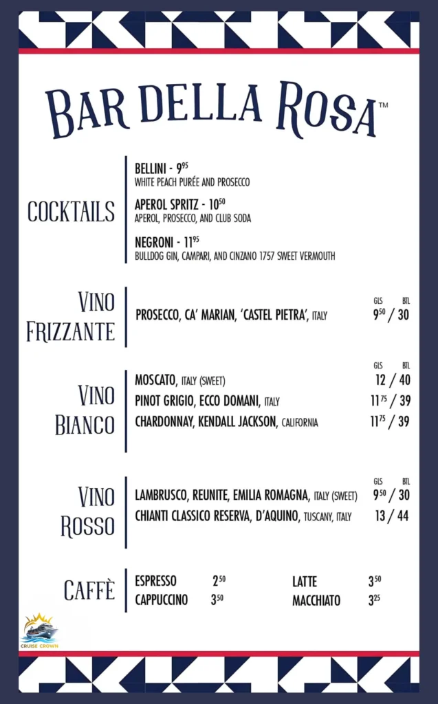 Carnival Bar Della Rosa Menu 