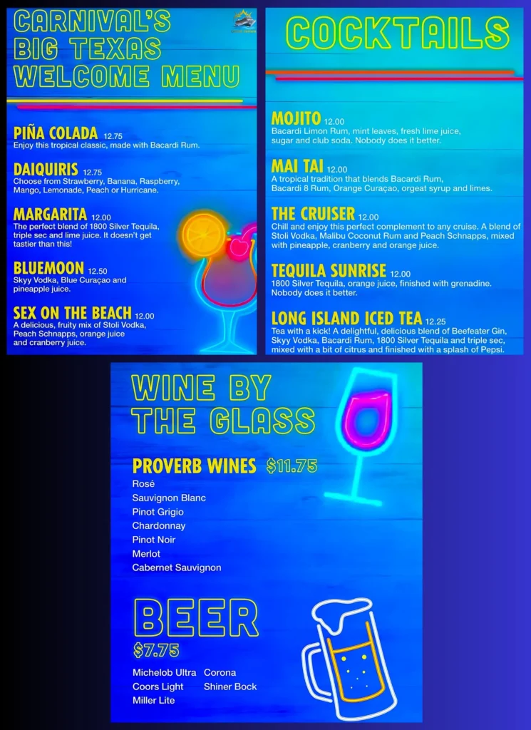 Carnival Big Texas Welcome Menu