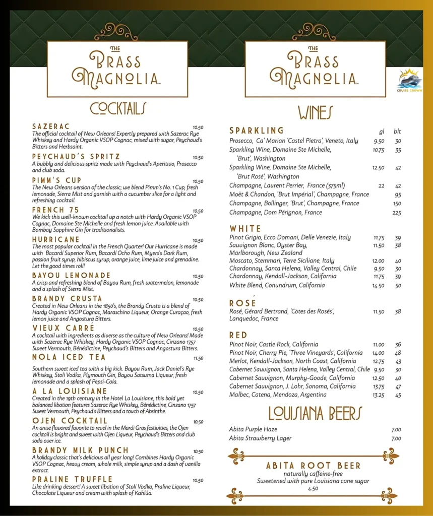 Carnival Brass Magnolia Bar Menu