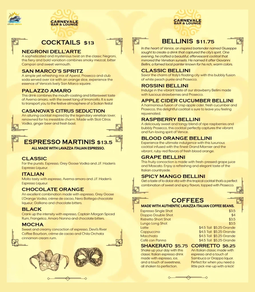 Carnival Carnevale Bar Menu