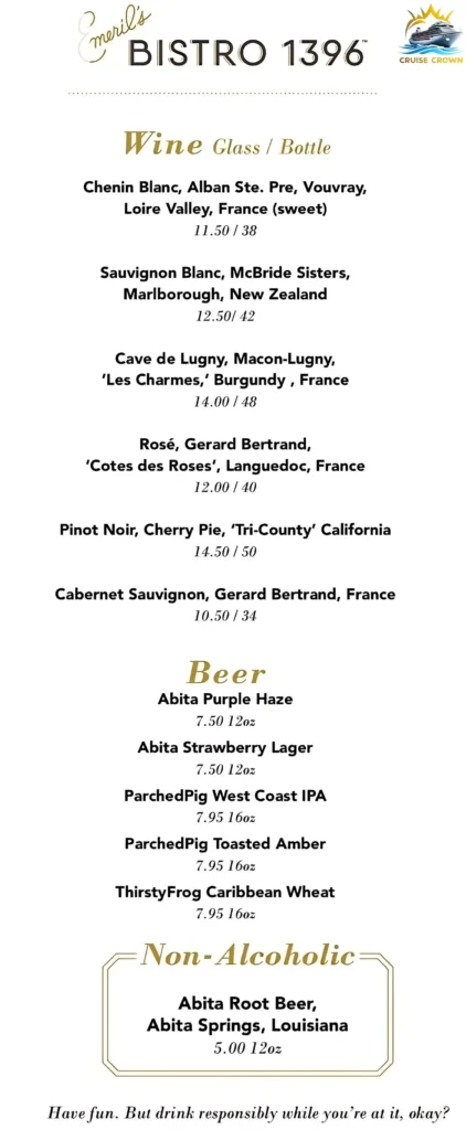 Carnival Emeril’s Bistro 1396 Menu