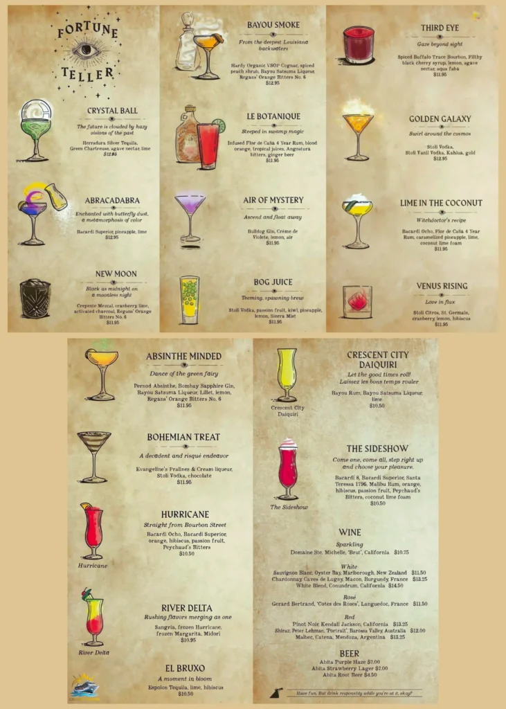 Carnival Fortune Teller Bar Menu 