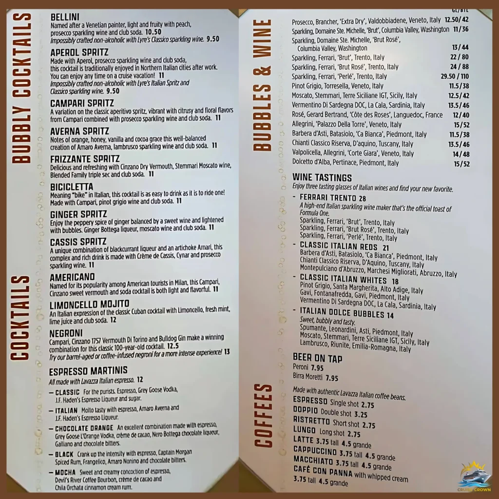 Carnival Frizzante Bar Menu