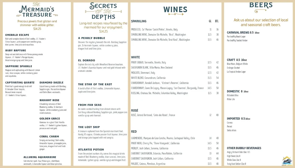 Carnival Golden Mermaid Menu