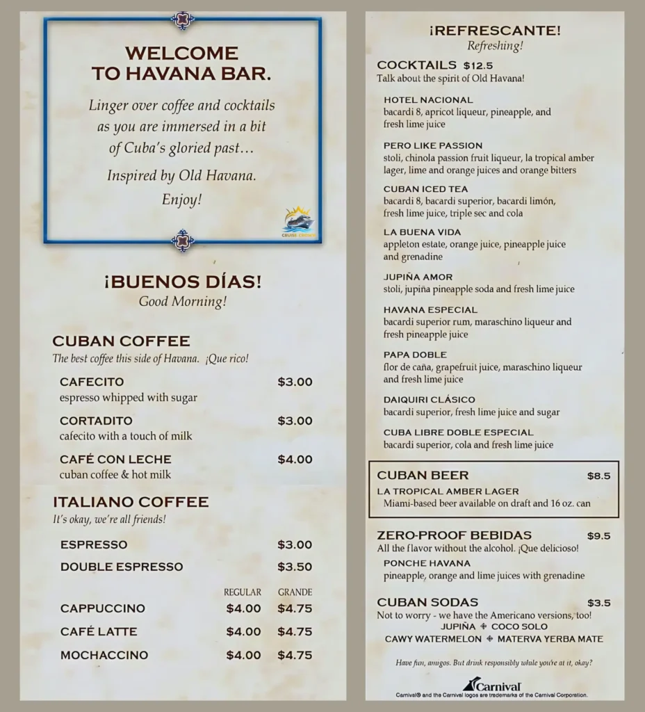 Carnival Havana Bar Menu