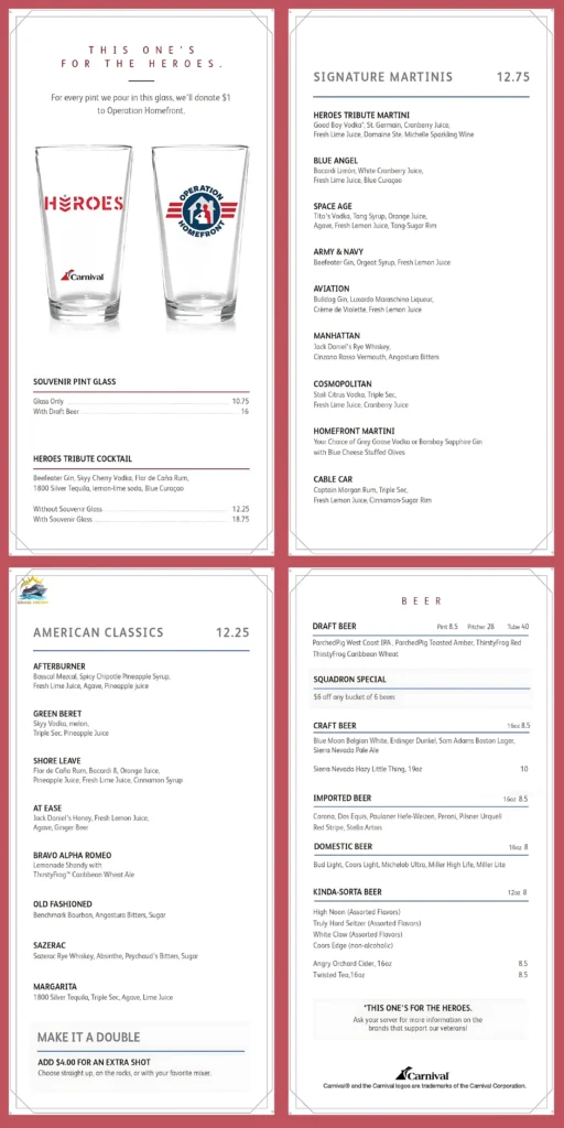 Carnival Heroes Tribute Lounge Bar Menu 