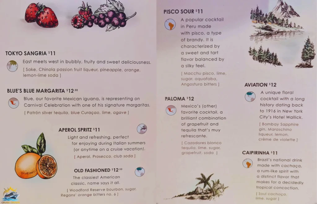 Carnival Latitudes Bar Menu