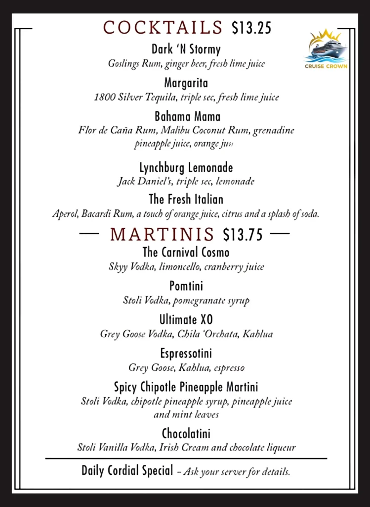 Carnival Main Dining Room Cocktail Menu