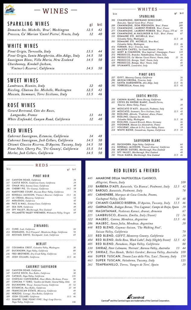 Carnival Main Dining Room Wine Menu