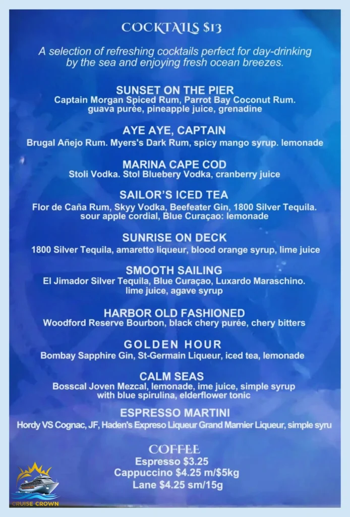 Carnival Marina Bar Menu