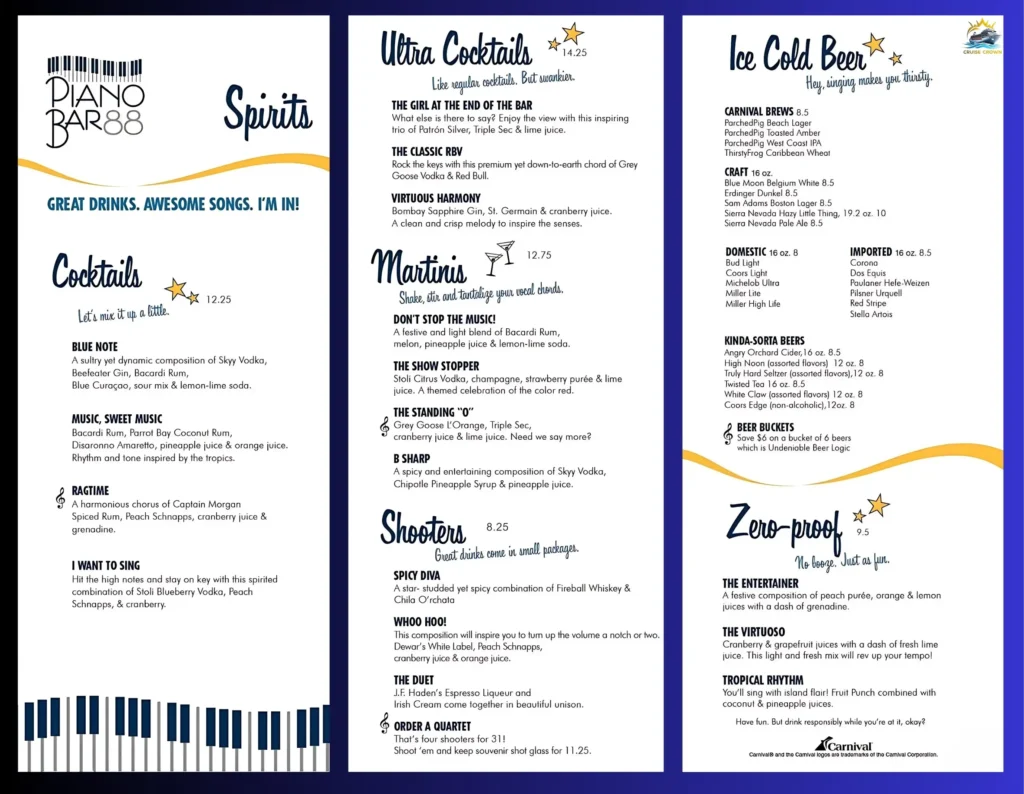 Carnival Piano Bar Menu