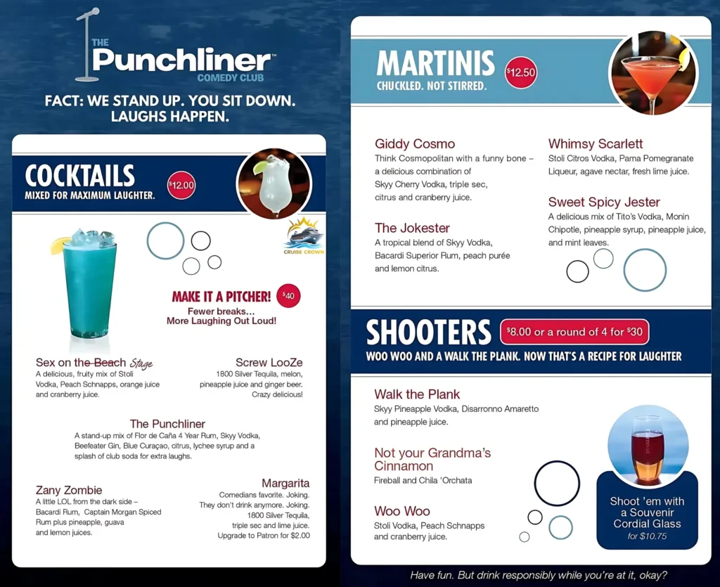Carnival Punchliner Comedy Club Menu 