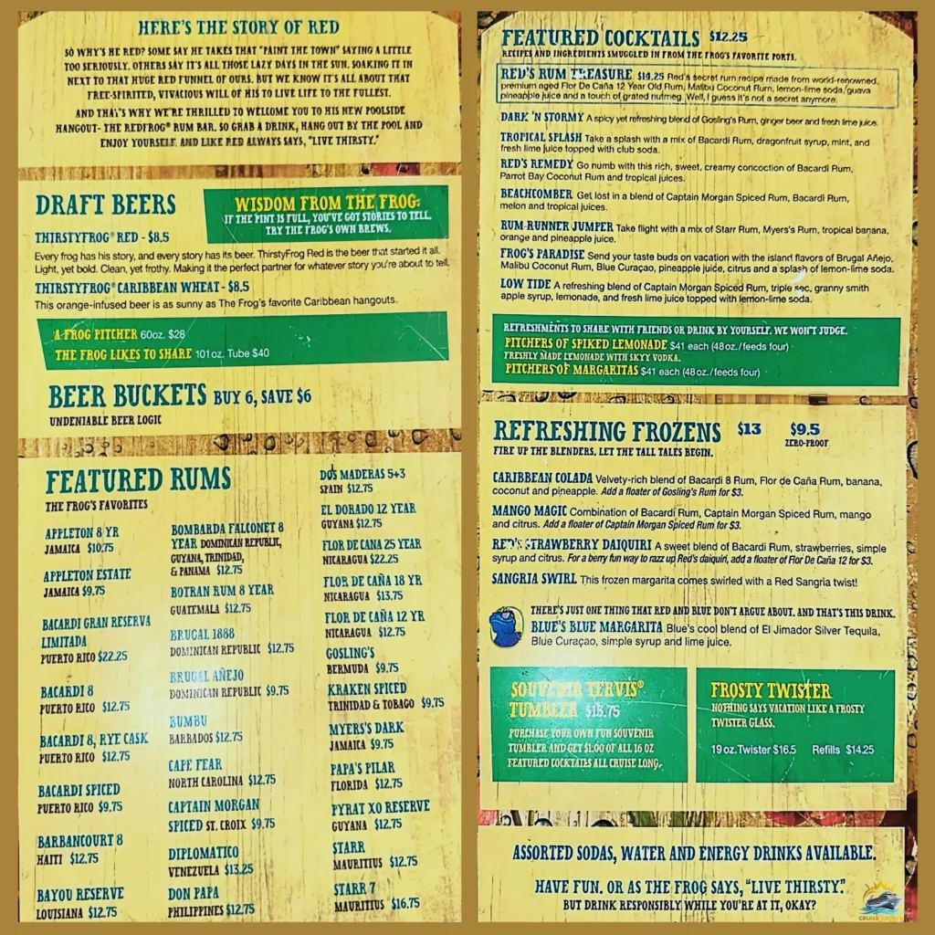 Carnival Red Frog Rum Bar Menu 