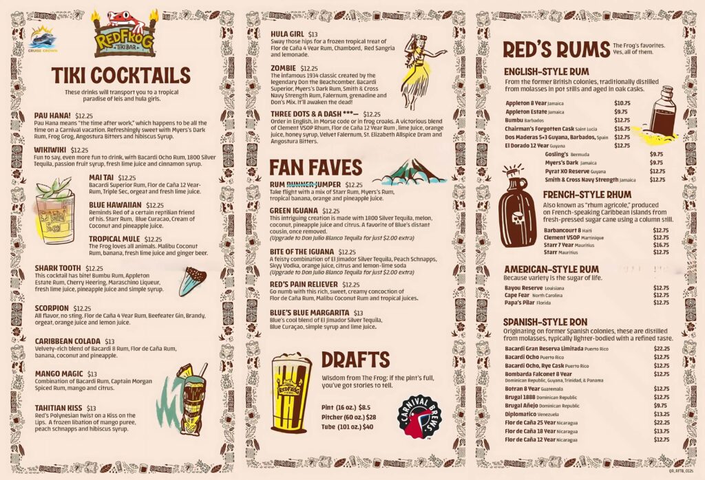 Carnival Red Frog Tiki Bar Menu