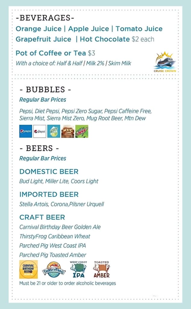 Carnival Room Service Drink Menu