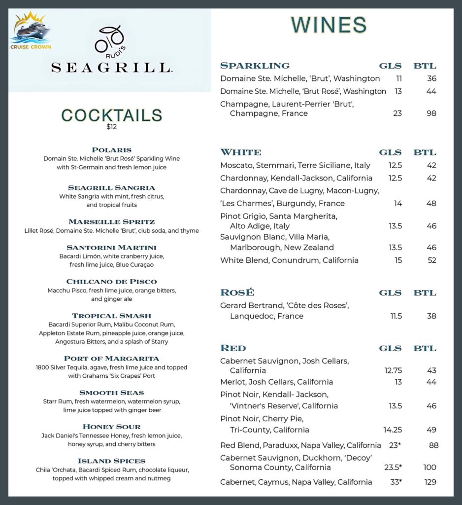 Carnival Rudi’s Seagrill Bar Menu