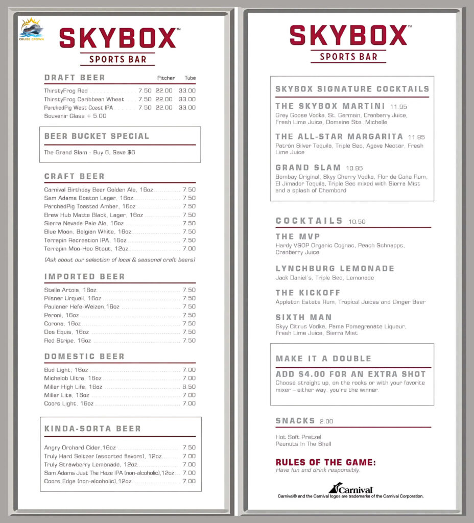 Carnival Skybox Sports Bar Menu