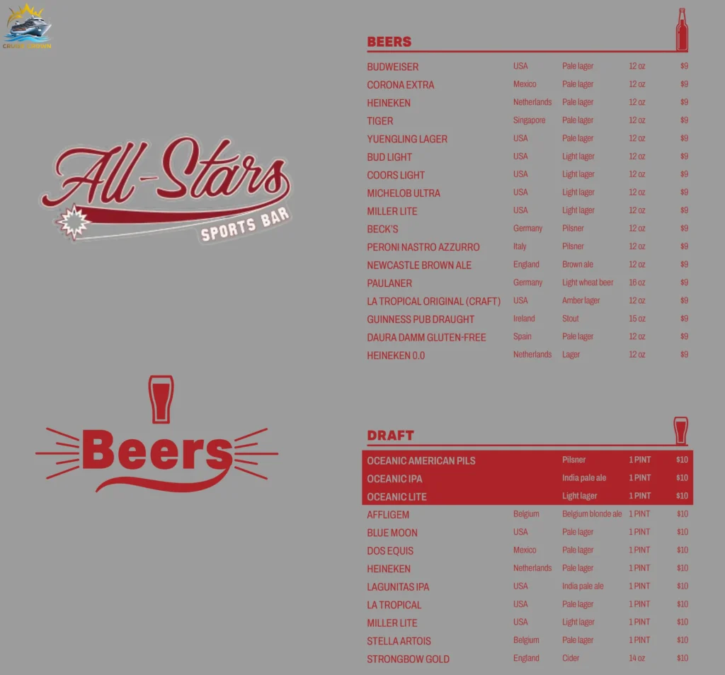 MSC All Star Sports Bar Menu
drink prices on msc cruises 