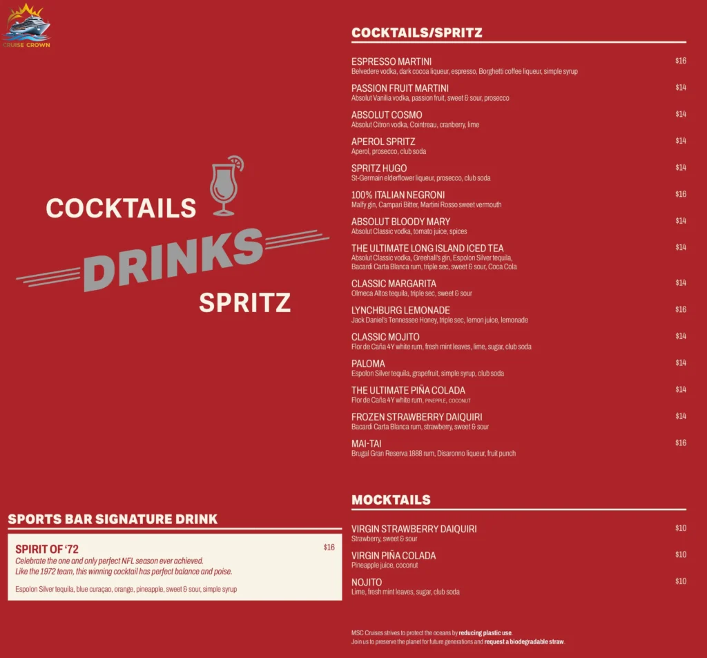 MSC All Star Sports Bar Menu
price of drinks on msc cruise ships 