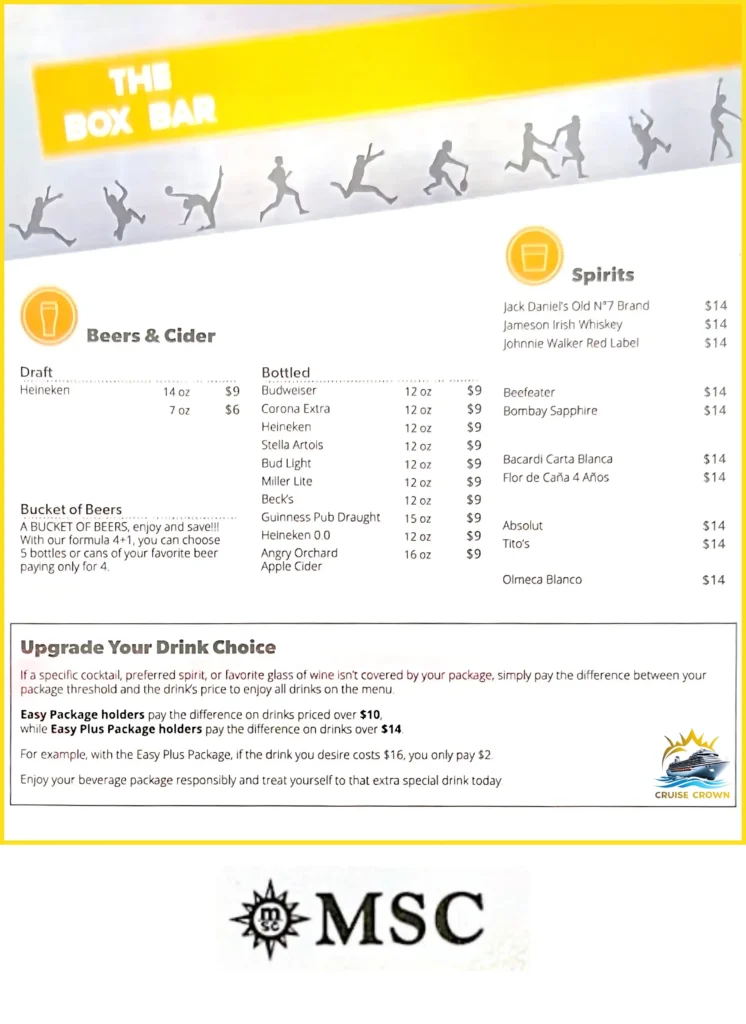 MSC Box Bar Menu 
msc drinks prices