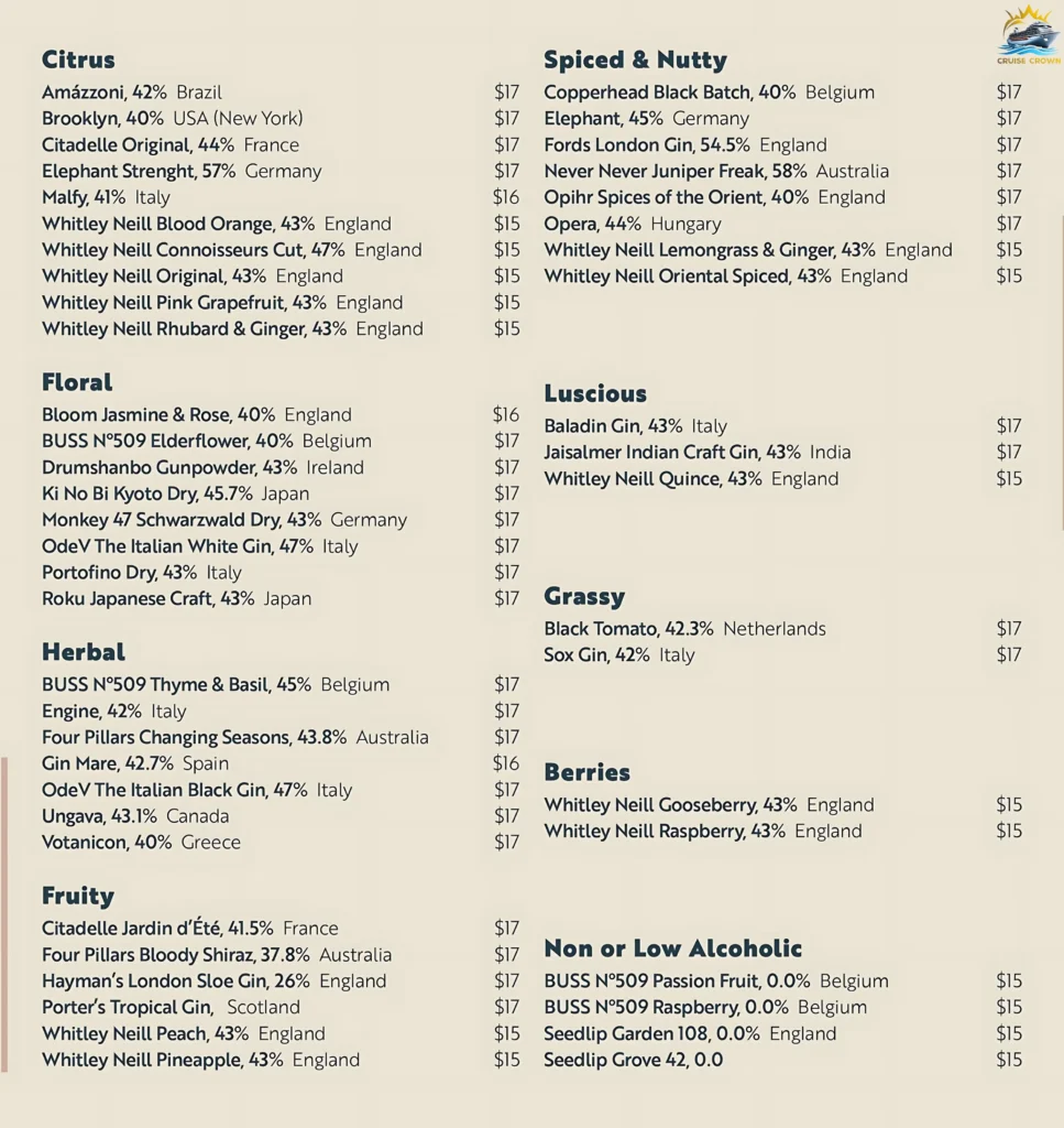 MSC The Gin Project Menu
msc cruises drink price