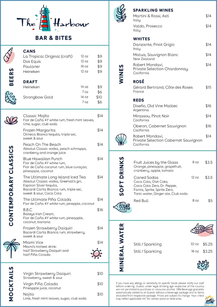 MSC Harbour Bar & Bites Menu 
msc cruises drinks menu 
