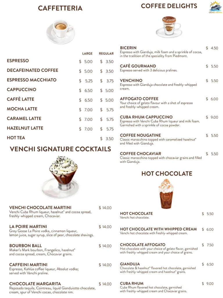 MSC Venchi 1878 Bar Menu
drinks prices on msc cruises