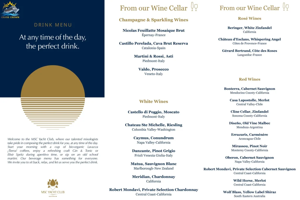 MSC Yacht Club Drink Menu
msc cruise drinks menu 