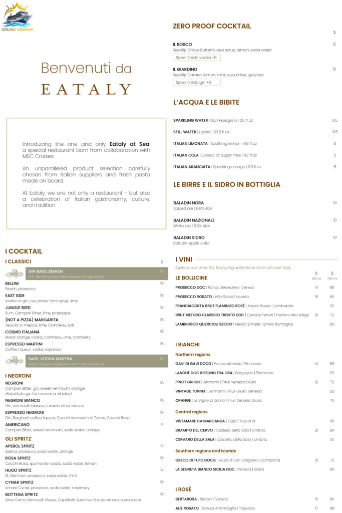 MSC Eataly Menu
MSC Cruises Drinks menu