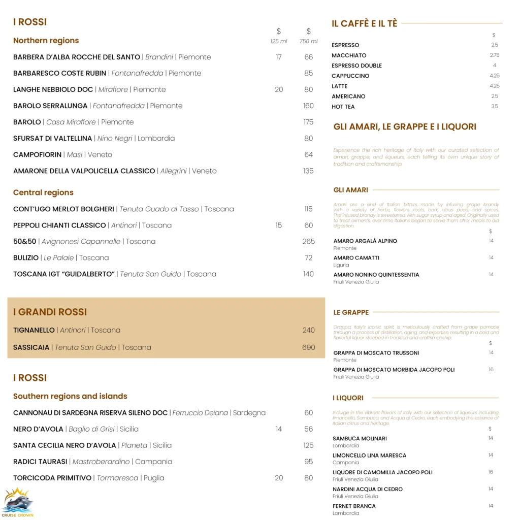 MSC Eataly Menu
MSC Drink Prices 2025