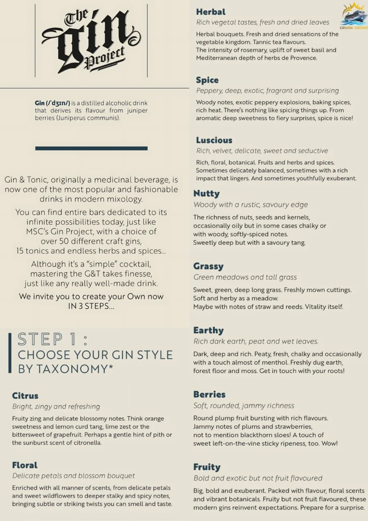 MSC The Gin Project Menu
msc drink menu with prices 