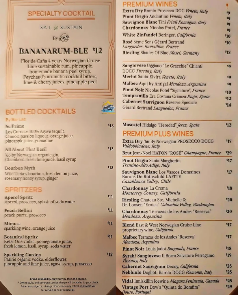 NCL Belvedere Bar Menu