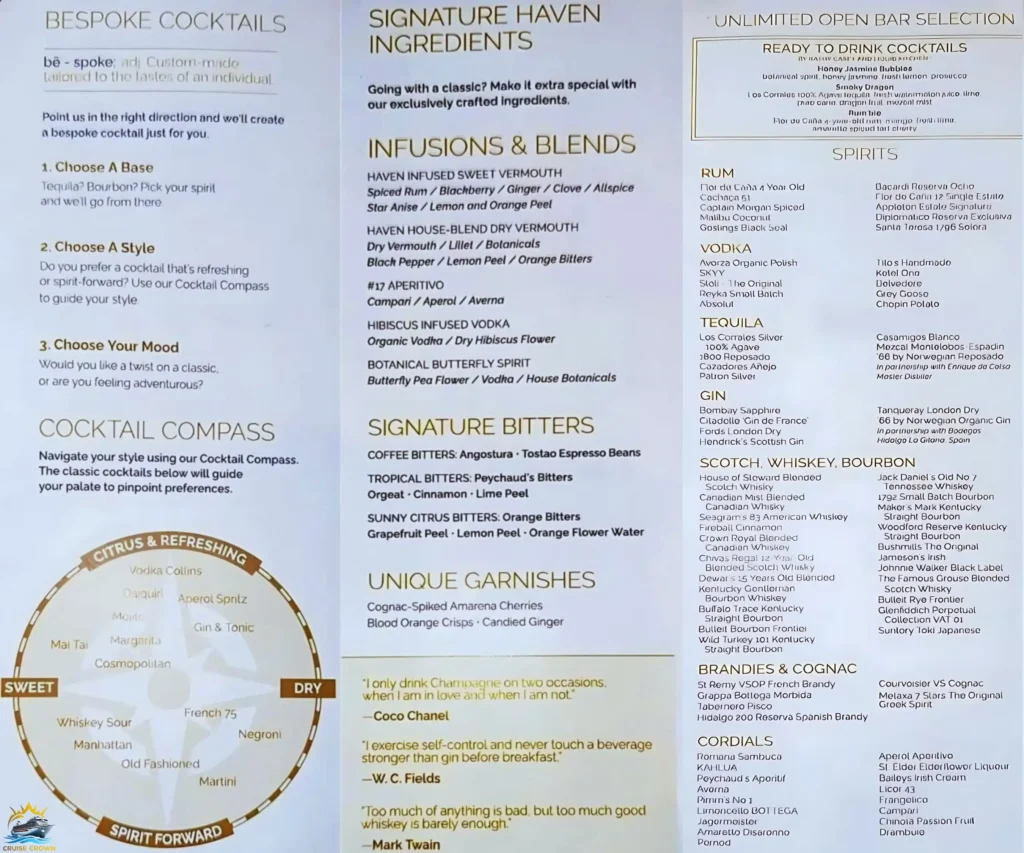 NCL Haven Bar Menu