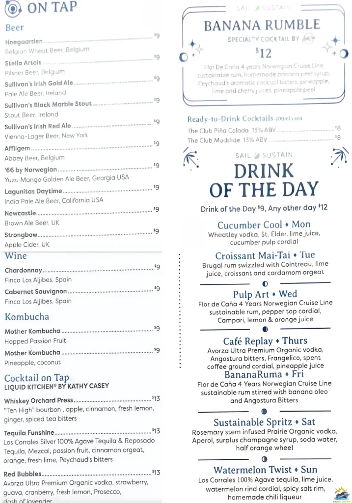NCL Luna Bar & Soleil Bar Menu