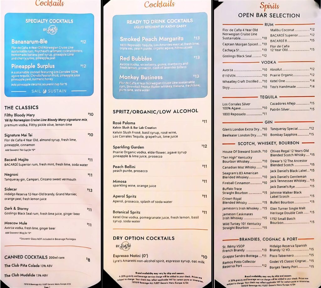 Norwegian Cruise Line drink menu for Penrose Bar