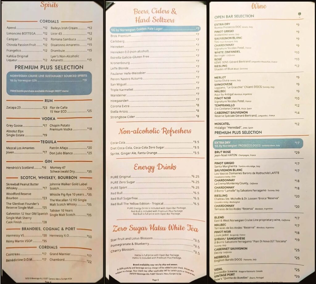 Norwegian Cruise Line drink menu for Penrose Bar