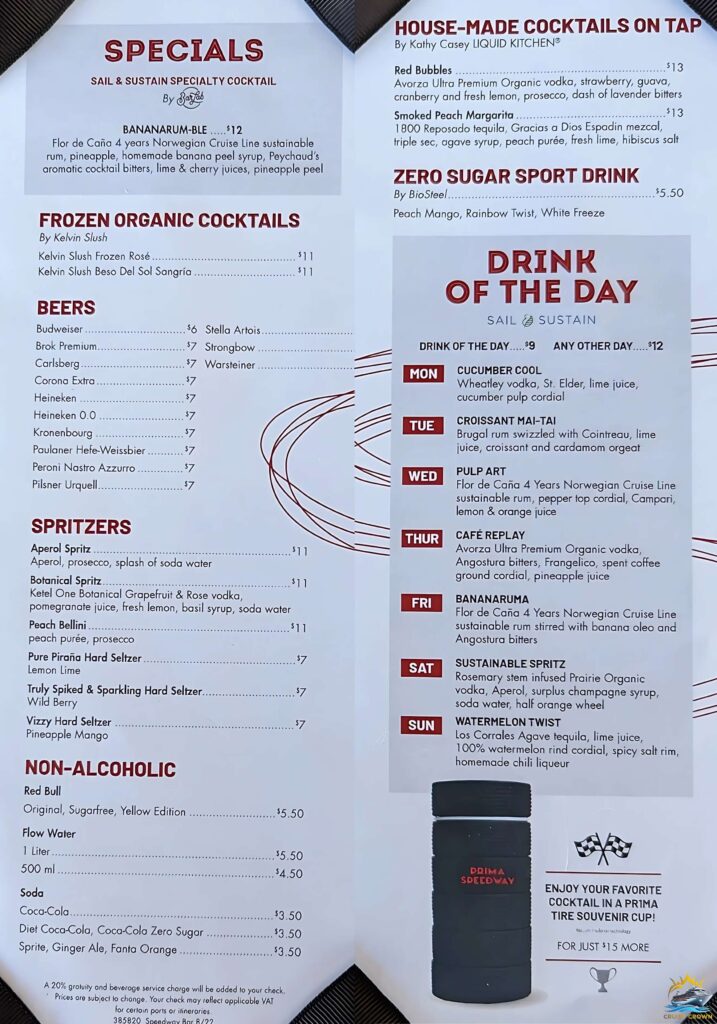 NCL bar prices for Speedway Bar