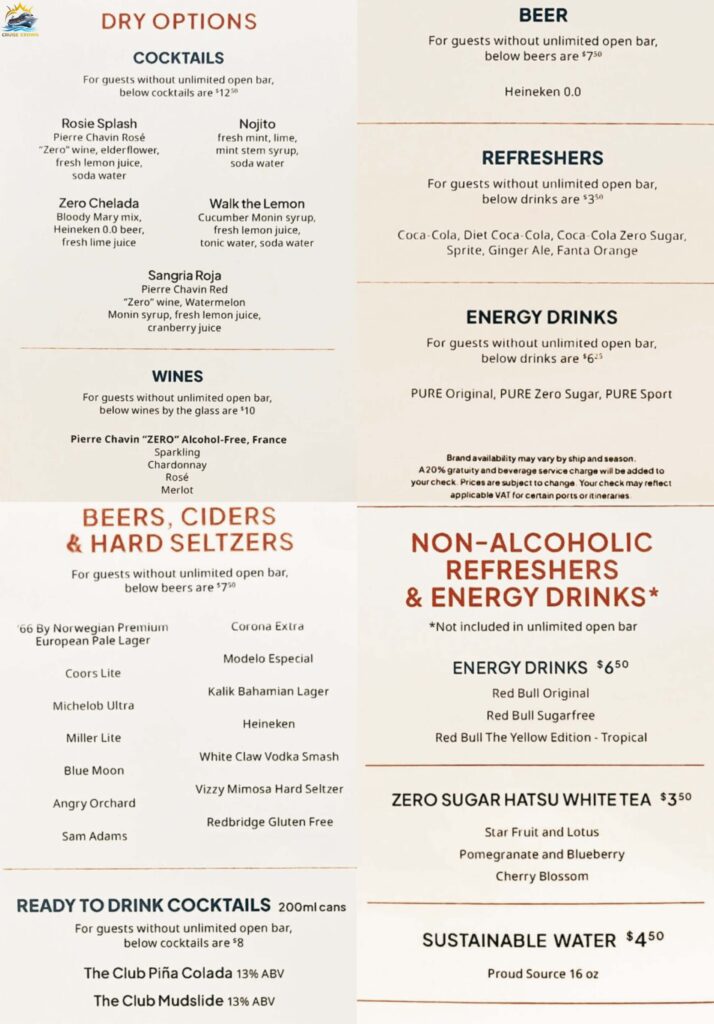 NCL Drink Menu 2025 prices