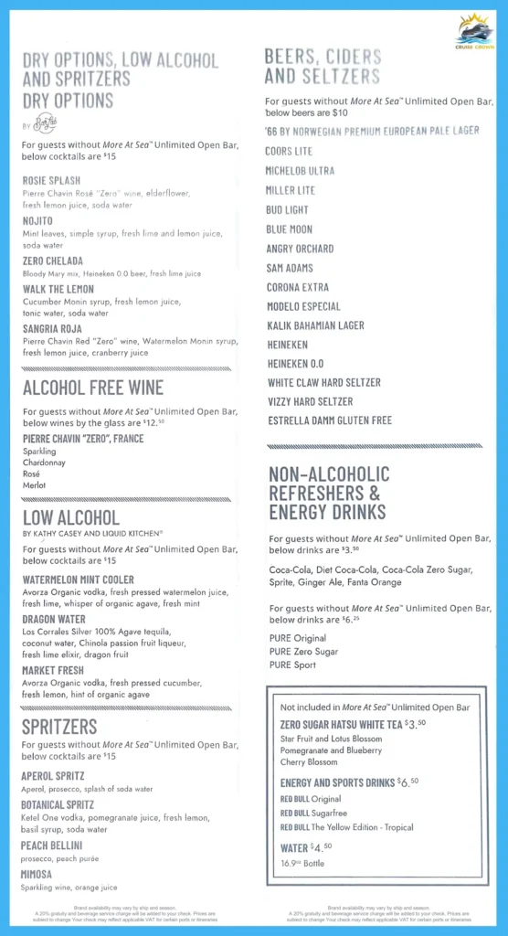 NCL Vibe Beach Club Bar Menu