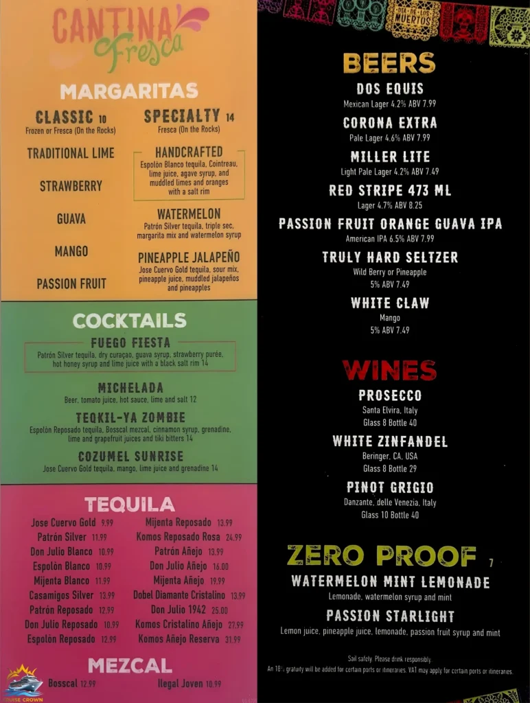 Royal Caribbean Cantina Fresca menu
Star of the Seas Bar Menus