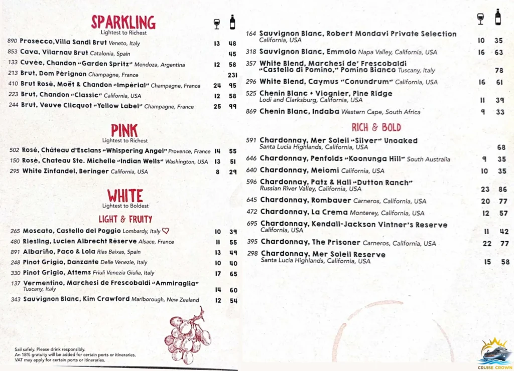 Royal Caribbean Giovanni’s Wine Bar menu
Star of the Seas Bar Menus