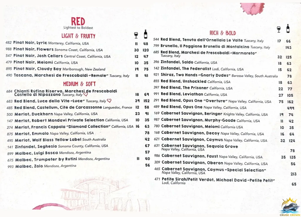 Royal Caribbean Giovanni’s Wine Bar menu
Star of the Seas Bar Menus