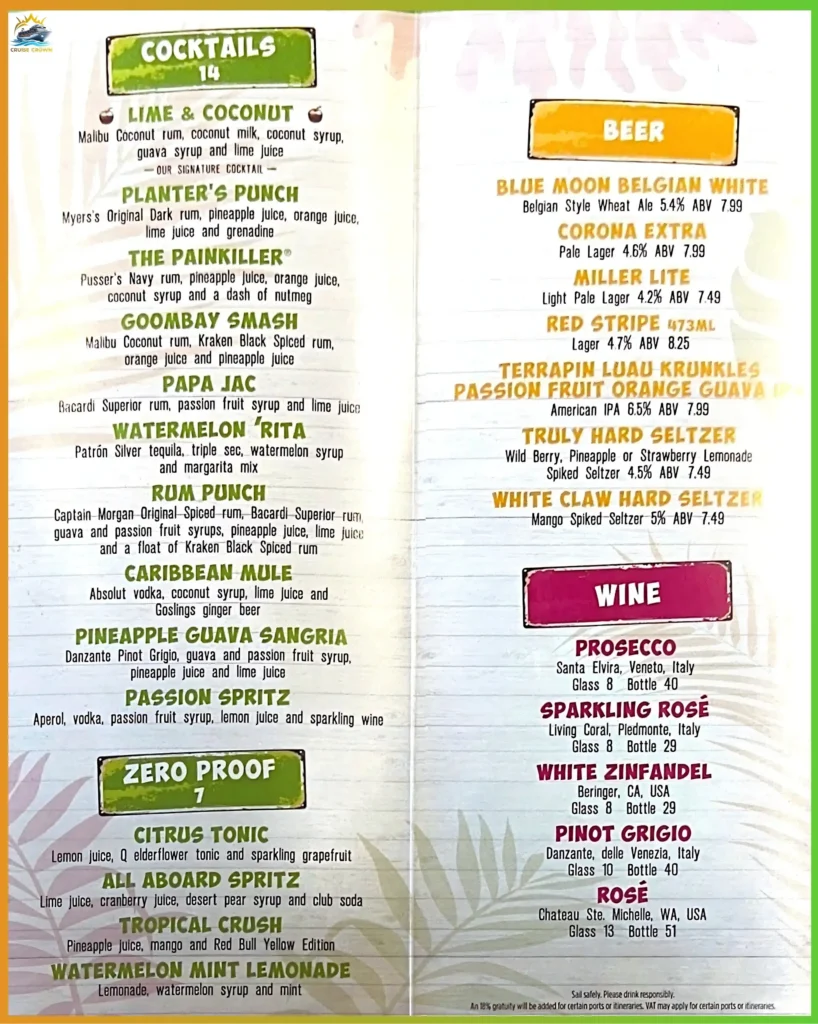 Royal Caribbean The Lime & Coconut Bar Menu
Star of the Seas Bar Menus