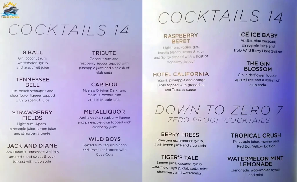 Royal Caribbean Music Hall bar menus
Star of the Seas Bar Menus