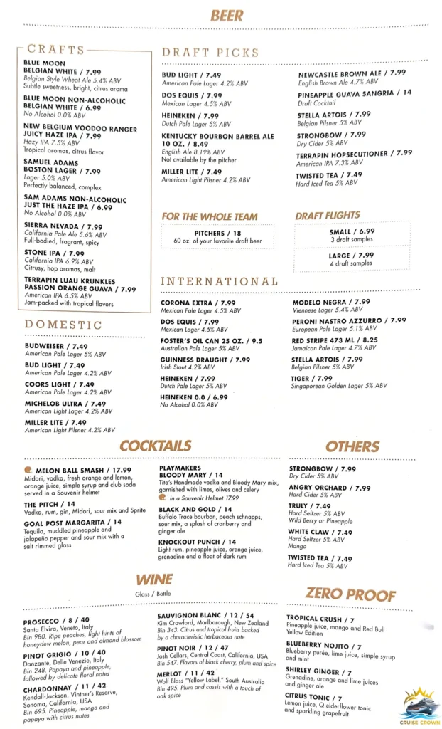 Royal Caribbean Playmakers Sports Bar menu
Star of the Seas Bar Menus