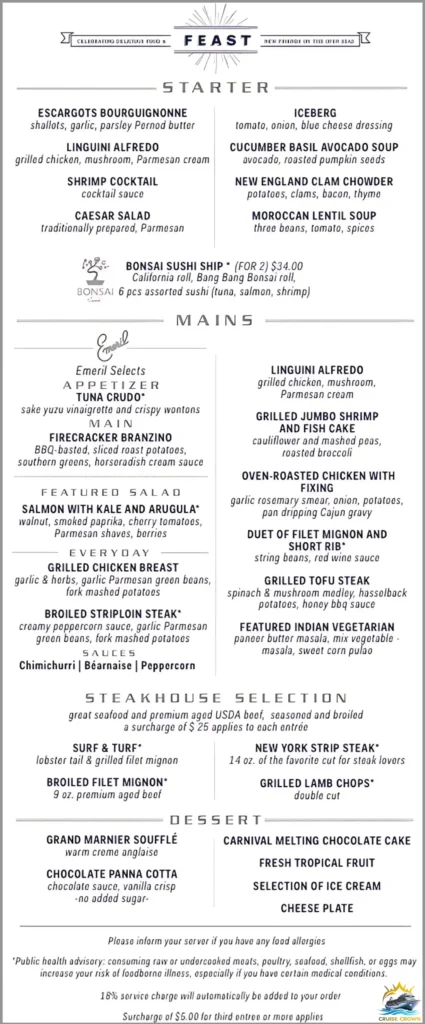 Carnival Main Dining Room Dinner Menu for night 2